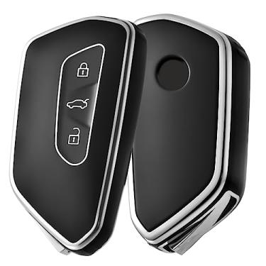 Imagem de ELOHEI Capa de chave para Volkswagen, capa de chave de carro TPU compatível com VW Golf 8, ID3, ID4, GTI, GTE, Seat Leon MK4, Tarraco, Ateca e Skoda Octavia (borda prateada preta)