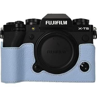 Imagem de Capa X-T5, capa BMAOLLONGB feita à mão de couro PU meia câmera versão abertura inferior para Fujifilm X-T5 XT5 com alça de mão (azul)