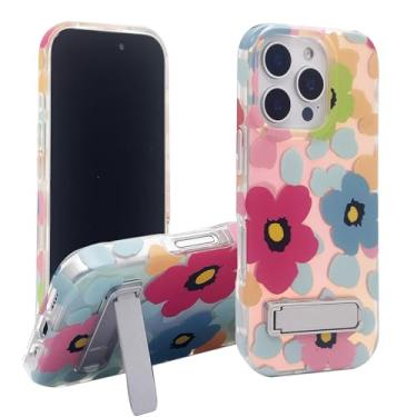 Imagem de Capa transparente compatível com iPhone 16 Pro Max 17.5 cm proteção híbrida macia TPU bumper capa traseira rígida com suporte para meninas e mulheres (flores azuis rosa holográficas)