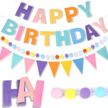 Imagem de Naozinebi Faixa de feltro de feliz aniversário 4 cordas decoração pastel sinal de aniversário guirlanda reutilizável bandeira pompom decoração de pano de fundo para meninas, meninos, artigos de festa