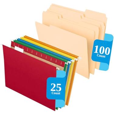 Imagem de Pendaflex Pastas de arquivo - Pasta de arquivo Manila com abas cortadas em 1/3 (100 unidades) e pastas de arquivo suspensas com abas cortadas 1/5 (25 unidades), cores sortidas, tamanho carta 21,6 x 28