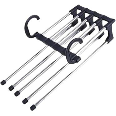 Imagem de Cabide Retrátil Preto Multiuso com 5 Divisórias, Aço Inox, Pendurar Calças, 5 Espaços Horizontal Vertical Cabide Multifuncional Dobrável Inox Calça 5 Divisórias Organizador