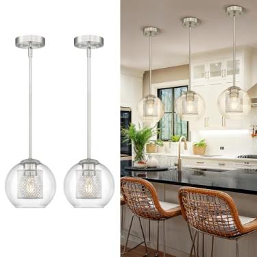 Imagem de TENGXIN Pacote com 2 lâmpadas pendentes de vidro globo de níquel escovado de 20 cm, luminária pendente para ilha de cozinha, iluminação pendente de cozinha, estilo elegante de casa de fazenda