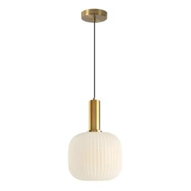 Imagem de BOKT Luzes pendentes de cozinha ilha latão moderno dourado luminária pendente 20 cm vintage altura ajustável lâmpada suspensa com sombra de vidro branco leite para entrada sala de jantar corredor