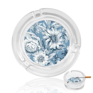 Imagem de Cinzeiro de cristal floral azul e branco, cinzeiro redondo de vidro resistente para fumar cinzeiro portátil decorativo moderno para uso em casa, escritório, interior, exterior, pátio