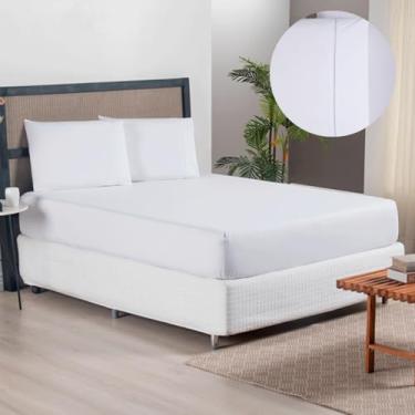 Imagem de Jogo de Lençol Casal Queen 300 Fios Em Poliéster Kit 3 Peças Lençol De Elástico + 2 Fronhas Com Ponto Palito (Jogo De Lençol Branco)