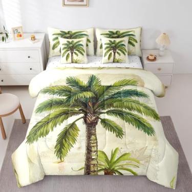 Imagem de jejeloiu Conjunto de edredom King com estampa de palmeira e folha de palmeira, 7 peças, para meninos, meninas, adolescentes, natureza botânica, para decoração de quarto de ilha tropical havaiana