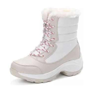 Imagem de Bota de Neve Feminina Impermeável com Pelúcia Branca – Cano Médio com Cadarço – Tamanhos 35‑41 – Super Quente e Antiderrapante – Compre e envie mensagem com o seu número.