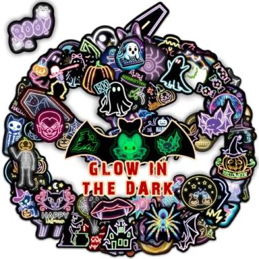Imagem de 70 adesivos de Halloween neon que brilham no escuro para crianças, decoração à prova d'água para garrafa de água, decalques de vinil para laptop para adolescentes, meninas, meninos, prêmios de sala de