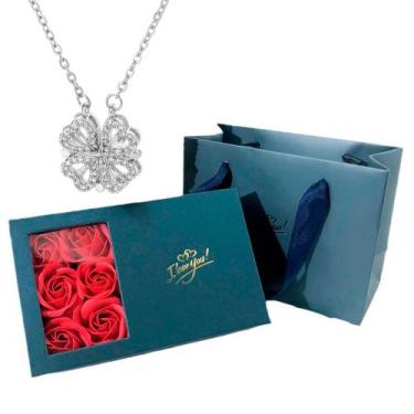 Imagem de Colar Coração Trevo Magnético Prata Cx Presente Rosa Eterna - Things N