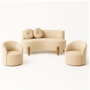 Imagem de Kit 02 Poltronas Gaia +Sofá Living Decorativo Curvo Orgânico Boucle Be