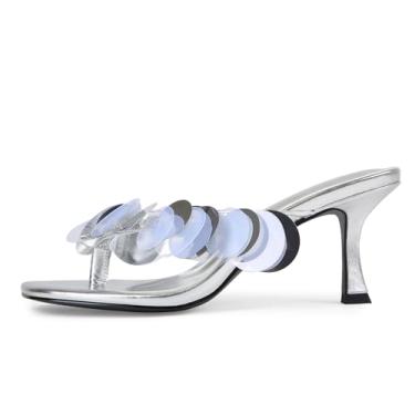 Imagem de USRUNOE Sandálias femininas de salto gatinho com detalhes de lantejoulas, confortável, sem fecho, bico aberto, chinelo de dedo do pé, sandália tanga casual verão elegante sapatos de formatura, Prata