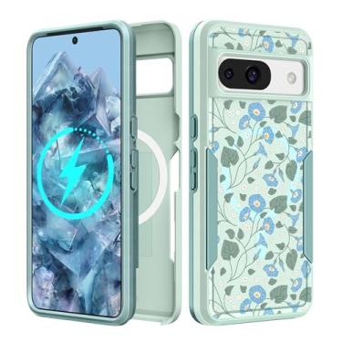 Imagem de LISEVO Capa para Google Pixel 8A de 6,1 polegadas - [Compatível com MagSafe] Capa protetora magnética fofa feminina exclusiva flores azuis femininas design resistente à prova de choque para capas de