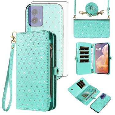 Imagem de Capa de celular para Motorola Moto G85 5G Carteira com zíper destacável com protetor de tela de vidro temperado, alça transversal com cordão Bling Glitter Flip porta-cartões MotoG85 Mulheres Homens