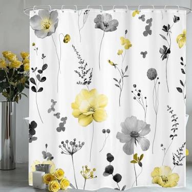 Imagem de Omifly Cortina de chuveiro floral em aquarela 182 cm L x 246 cm A extra longa flor cinza amarelo folhas primavera planta moderna botânica minimalista fazenda com 12 ganchos de plástico tecido