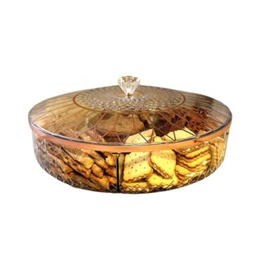 Imagem de Bandeja de servir lanches dividida transparente com tampa – Travessa de festa com 6 compartimentos com linhas de destaque em ouro rosa para doces, frutas, nozes, batatas fritas, aperitivos e