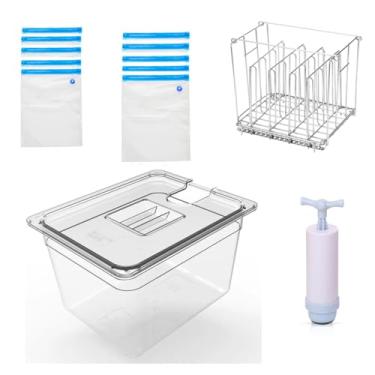 Imagem de chefess Recipiente de 12 litros com tampa e rack e 10 pacotes de sacos de cozinha Sous Vide - Kit completo de acessórios Sous Vide para Anova e a maioria dos fogões Sous Vide