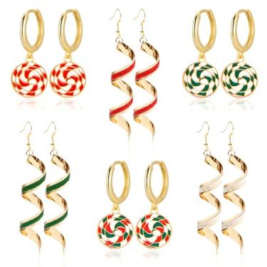 Imagem de QLYOVWE 6 pares de brincos de doces de Natal para mulheres, fofo, vermelho, verde, hortelã-pimenta, carne, doce, argola, espiral, brincos pendurados, presentes de Natal, Medium, Metal, Sem pedra