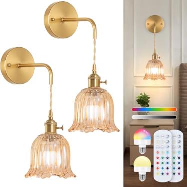 Imagem de Nogcew Conjunto de 2 arandelas de parede operadas por bateria, corrente ajustável, retro, dourada montada na parede com luz de parede recarregável, lâmpada de parede interna sem fio para sala de estar