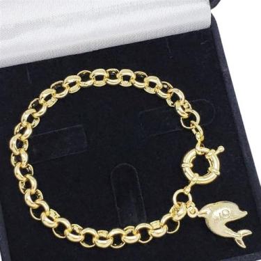Imagem de Pulseira com Elos Portugueses 8mm Pingente Boto Banho De Ouro 18k 3736