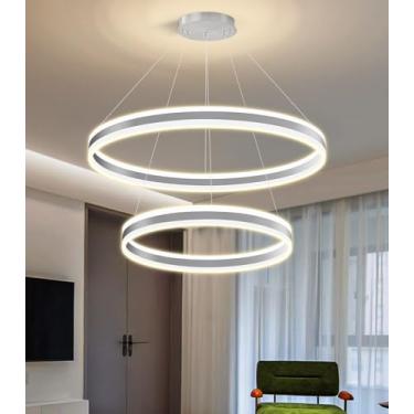 Imagem de dolria Lustre de anel moderno D23,6 pol. + 80 cm para sala de jantar LED regulável lustre de teto alto para sala de estar, hall de entrada, quarto, entrada 3000K-6000K prata