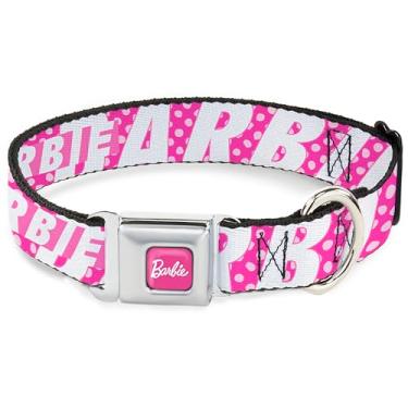 Imagem de Coleira para animais de estimação Mattel, fivela de cinto de segurança de metal, texto Barbie e bolinhas rosa branca, 40,6 a 58,8 cm de largura