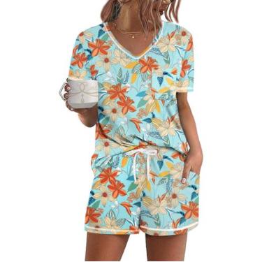 Imagem de Conjunto de pijamas femininos Ekouaer, manga curta, lounge, azul