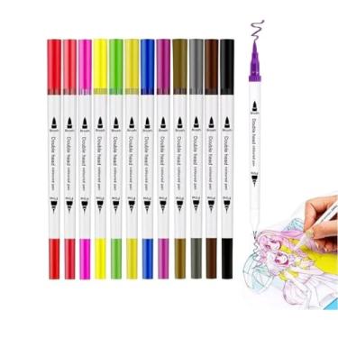 Imagem de Caneta Brush Pen Kit 12 Cores 2 em 1, Pontas Pincel e Fina, Canetinha Dupla para Lettering, Escolar, Colorir, Desenho