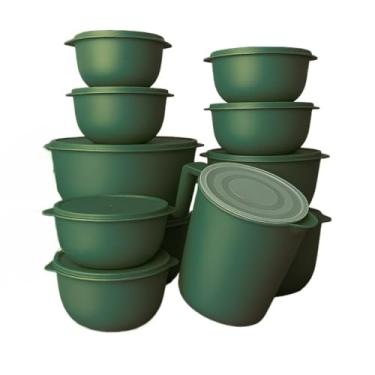 Imagem de Conjunto de 10 saladeiras ou 5 saladeiras + jarro de 1,8 litros Saladeiras de cozinha Recipientes plásticos para armazenamento de alimentos (10 Verde oliva + Jarra)