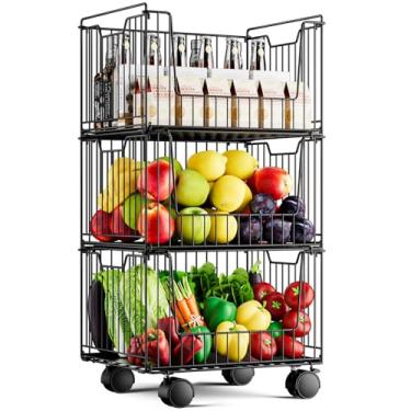 Imagem de Carrinhos de armazenamento de metal com rodas, organizador de carrinho de rodinhas de 3 níveis, carrinho empilhável de despensa, cesta de armazenamento de frutas e vegetais, cestas de armazenamento de