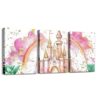 Imagem de Feelyou Arte de parede em tela de castelo arco-íris para sala de estar infantil imagem floral rosa decoração de parede meninos meninas princesa arte de parede em tela para sala de estar castelo