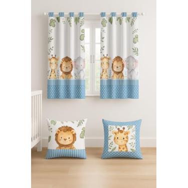 Imagem de Cortina Infantil Decorativa com 2 Capas de Almofada, 2m x 1,5m, Poliéster Estampado, para Quarto (SAFARI BABY AZUL)