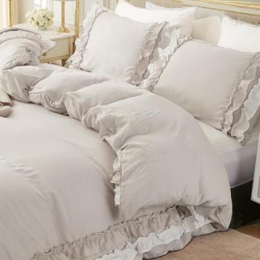 Imagem de Bedorm Conjunto de edredom King com babados, bege, boêmio, com franjas brancas, babados, decoração de quarto romântico, chique, casa de fazenda, edredom