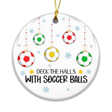 Imagem de Enfeites de Natal engraçados de futebol – Enfeite de cerâmica "Deck The Halls with Soccer Balls" – Decoração de árvore de Natal para jogadores, treinadores e fãs de futebol – Presente de mordaça