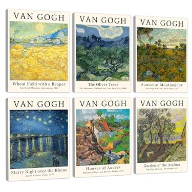 Imagem de COSCTOR Conjunto de 6 pinturas de arte de parede Vincent Van Gogh em tela vintage retrô famoso artista colorido pôsteres e impressões para sala de estar banheiro quarto corredor cozinha (emoldurado