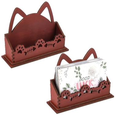 Imagem de CREATCABIN Suporte de cartão de visita de gato para mesa de madeira para cartão de visita de madeira compensada marrom nome aberto organizador de cartões postais suportes de exibição para mesa