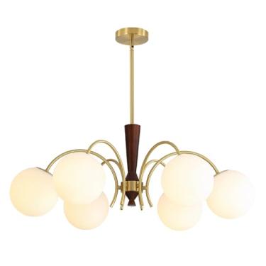 Imagem de BOKT Lustre de bola de vidro de leite, moderno, 6 luzes, Sputnik, cozinha, ilha, madeira, Sputnik, luminária pendurada, latão escovado de meados do século, luminárias pendentes brancas para sala de