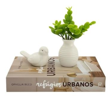 Imagem de Livro Decorativo Caixa + Pássaro de Porcelana Branco e Vaso Eucalipto Ceramica – Enfeite para Sala, Quarto, Escritório ou Mesa de Centro