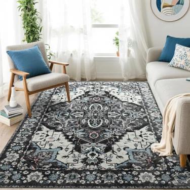 Imagem de Tapetes de área 10 x 15 cm para sala de estar, quarto, tapetes vintage laváveis - Tapetes macios desgastados de pilha baixa para cozinha, sala de jantar, não cai, preto e azul