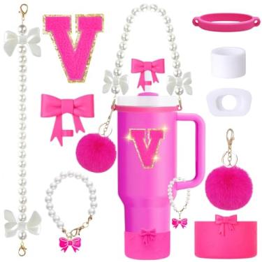 Imagem de Conjunto de acessórios de copo Stanley rosa de 9 peças para copo de 850 g 1,134 g com alça, inclui alça de pérola, topos de palha e bota de laço, pingentes de decoração, adesivo de letra, tampas à