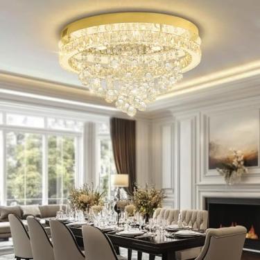 Imagem de Shial Lighting Dia 61.0 cm Lustres de cristal modernos para sala de jantar, lustre de gota de chuva dourado lustres de montagem embutida para sala de estar quartos sala de jantar regulável 2700k 4500k