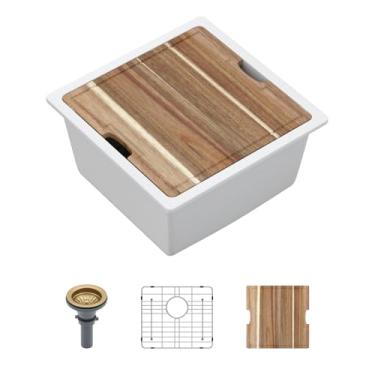 Imagem de Pia de barra subida branca de 45,7 cm x 45,7 cm, mini barra molhada, quartzo branco, granito, composto, pequena cozinha, pias para trailers, tigela única, bacia de ilha externa com tábua de corte