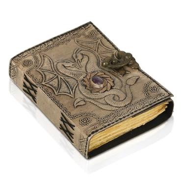 Imagem de Shaista Handicraft Diário de couro feito à mão com cadeado e pedra – Caderno de 200 páginas vintage dragão em relevo, diário de escrita encadernado em couro, caderno de esboços de viagem, presente de