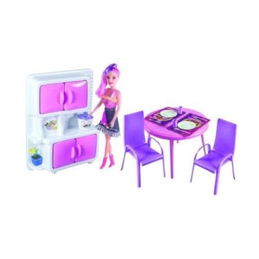 Imagem de Kit Cozinha Infantil Rosa com Boneca Cadeira Mesa Armário - LUA DE CRI