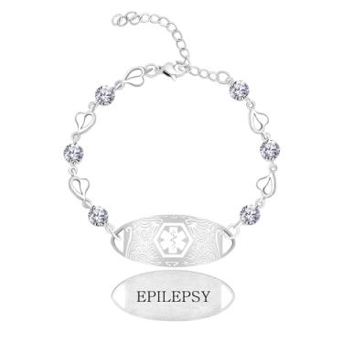 Imagem de Zircobic Pulseira de identificação personalizada com design floral elegante para mulheres e viajantes | Pulseira ajustável de alerta de 3 cores | Informações gravadas ou joias de saúde com código QR