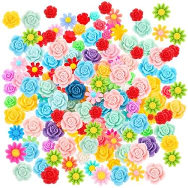 Imagem de XLIUAX 100 peças de contas de flores planas, pingentes de flores de margarida de resina, cabochão de cores mistas, pingentes de geleca para artesanato faça você mesmo, scrapbook, cartões, enfeites