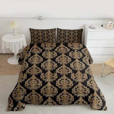 Imagem de Conjunto de cama damasco casal, estilo vitoriano, barroco, antigo, para decoração de quarto de crianças, adolescentes, gótico, vintage, floral, macio, poliéster, preto, dourado, 2 fronhas