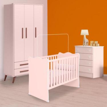 Imagem de Infantil Berço, Cômoda 4G e Guarda Roupa Retrô 3P 2G Rosa - Qmovi