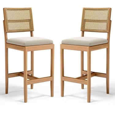 Imagem de Kit Com 2 Banqueta Milena Madeira Maciça Assento Estofado Encosto De Tela Palha Sextavada