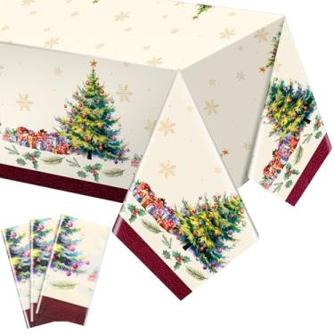 Imagem de Ziliny Pacote com 3 toalhas de mesa de Natal, 137 x 272 cm, toalha de mesa de árvore de Natal descartável, capa de mesa de floco de neve para Natal, inverno, festas, decorações de cozinha